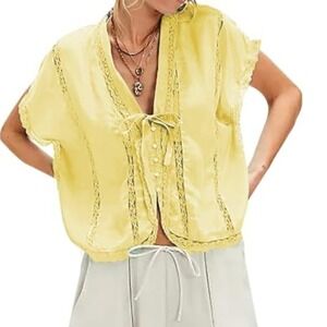 Aaron & Amber Yellow Lace Insert Cotton Blouse Size L Feminine Whimsical Summer‎